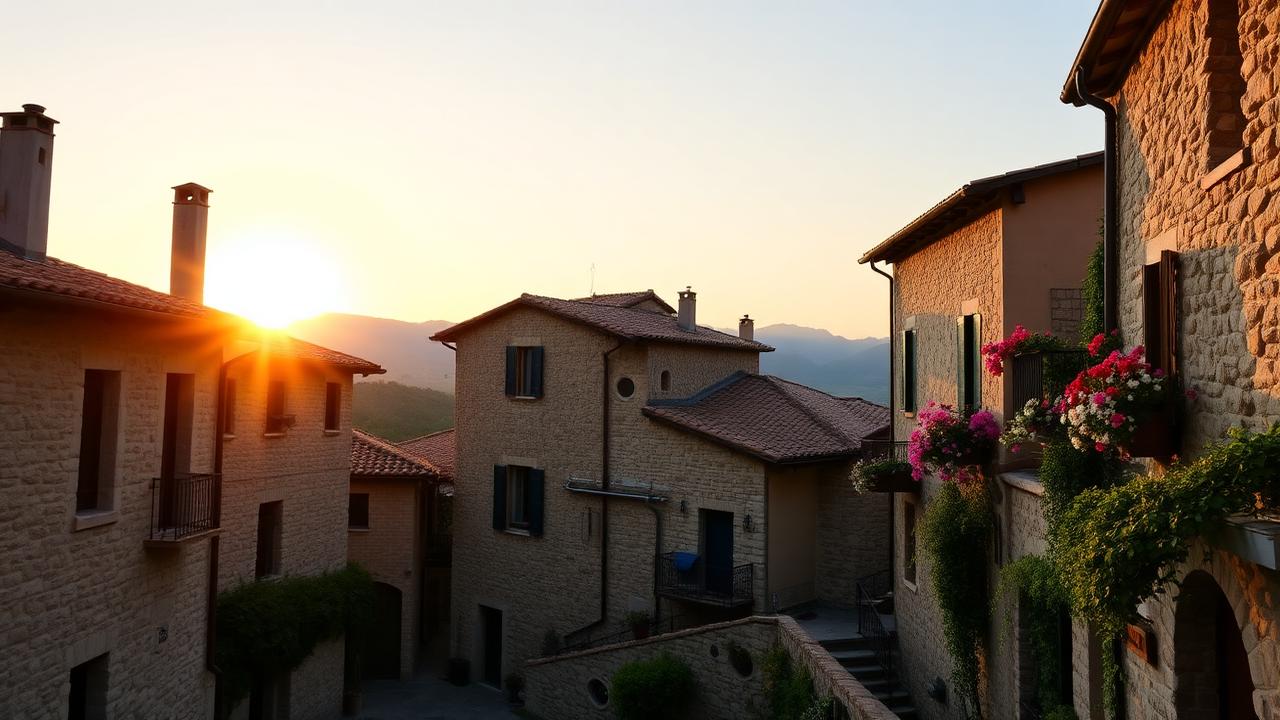 Borgo di pietra al tramonto nella zona di Comano, Lunigiana