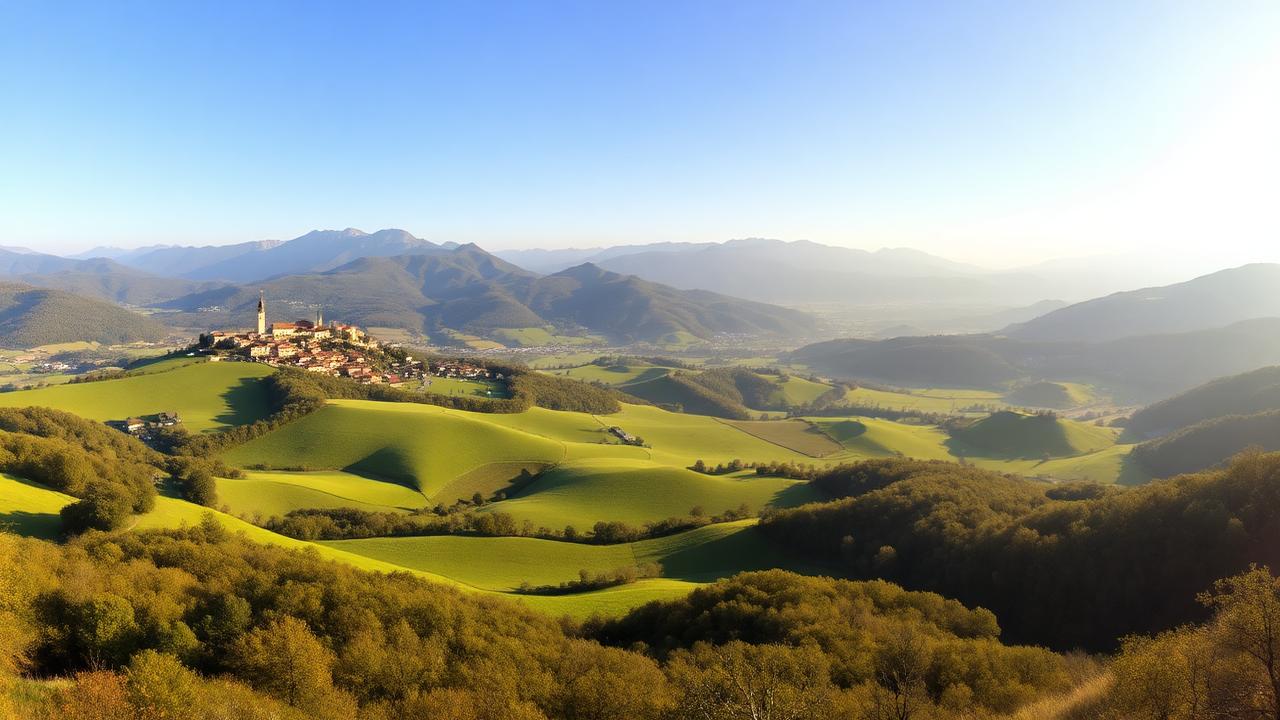 Panorama della Lunigiana con colline verdi e borghi medievali sullo sfondo delle Alpi Apuane