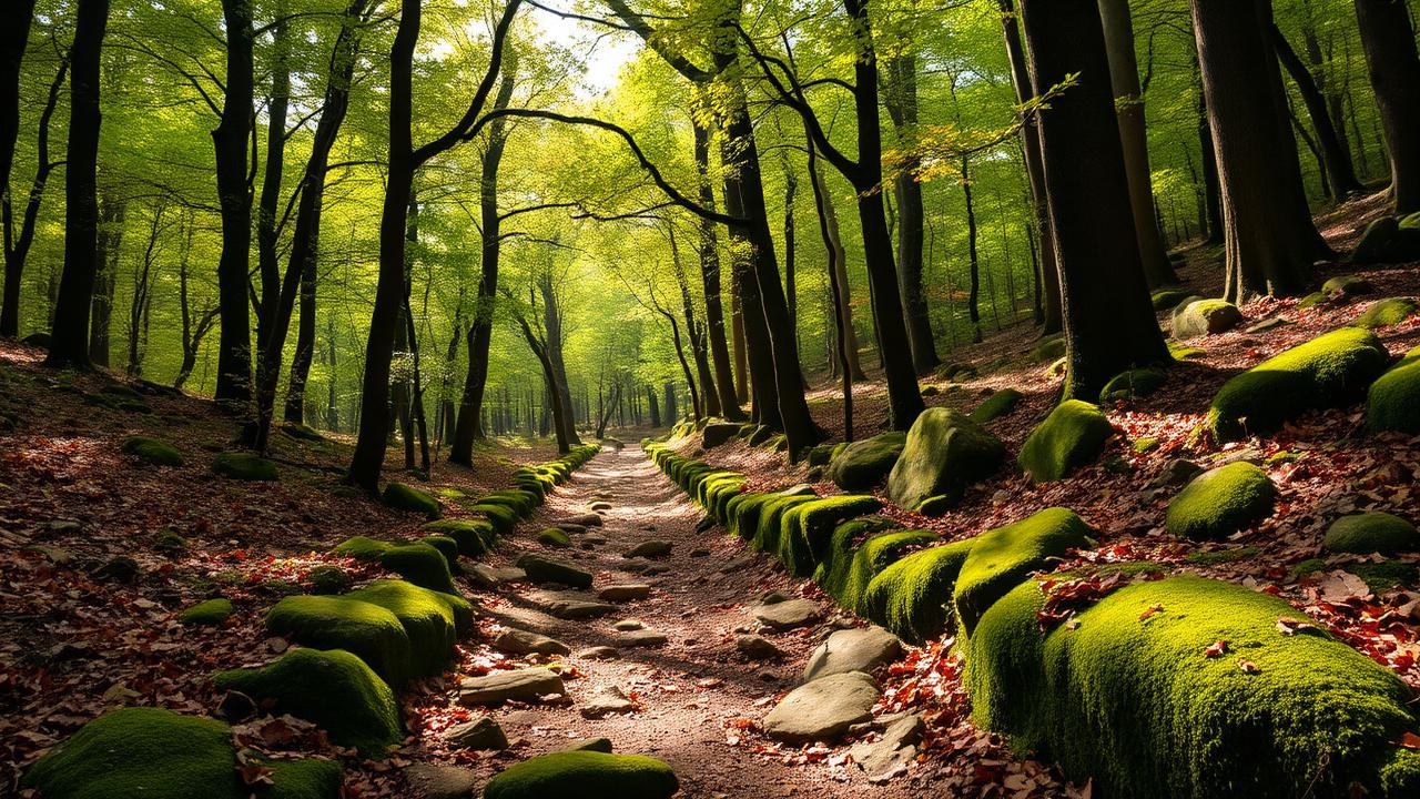Sentiero di trekking nel bosco di castagni sull'Appennino in Lunigiana